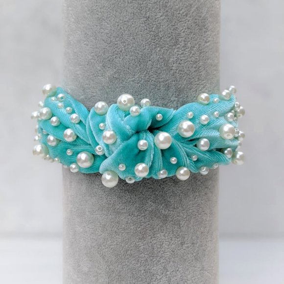 Tiffany Blue Pearl Knot Velvet Headband Pearl Beads Handmade Knotted Turban